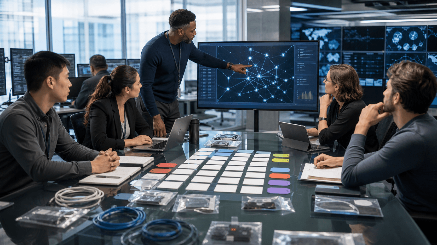 Blue-lit cybersecurity operations center with analysts, glowing monitors, evidence files, and a wall timeline.