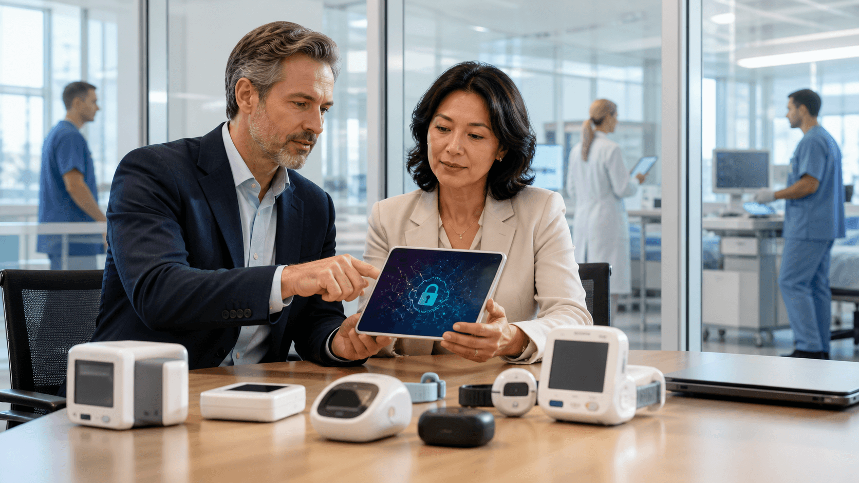 Healthcare executive studies a glowing cybersecurity dashboard with red warning icons in a blue-lit office.