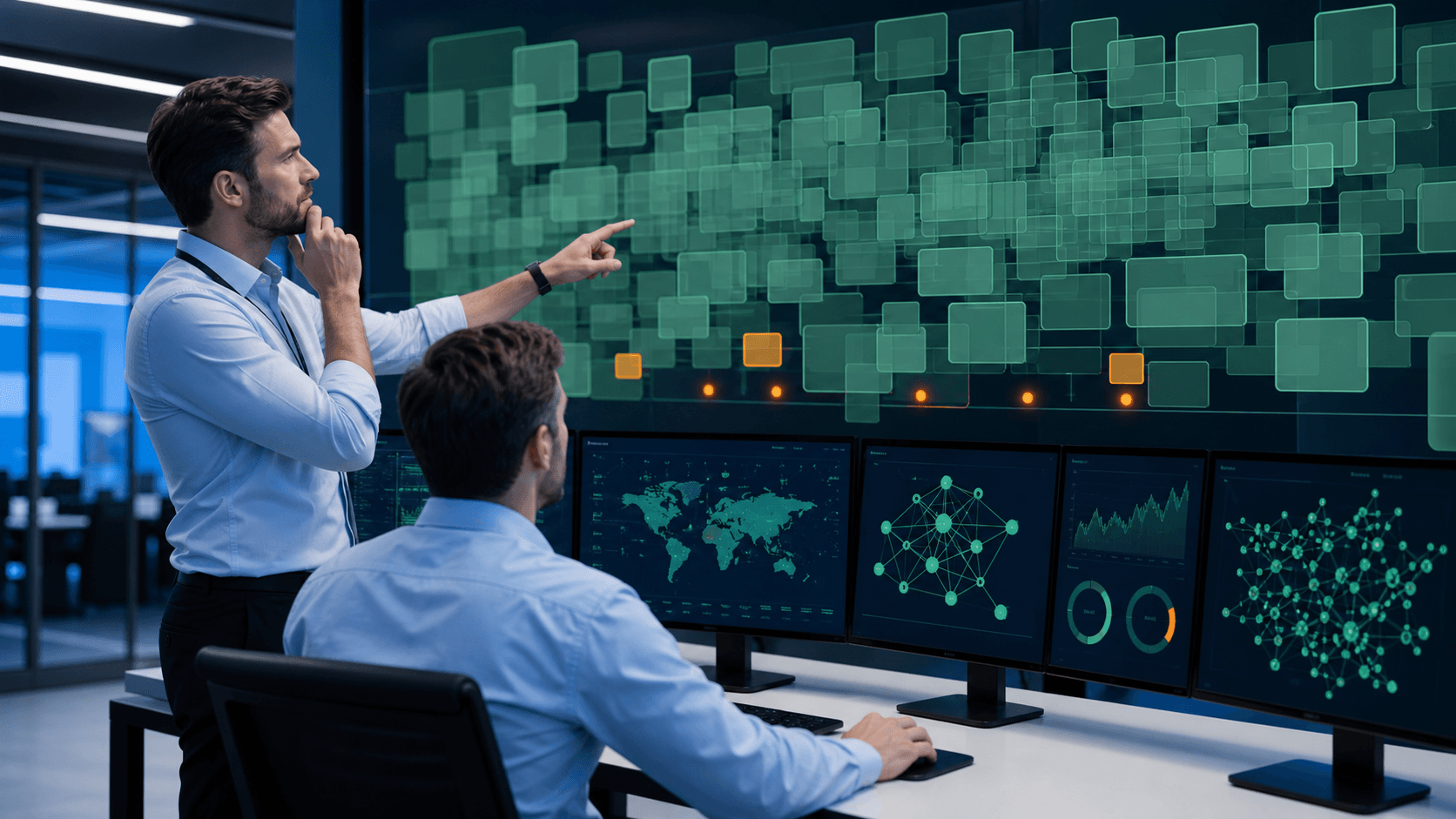 Blue cybersecurity dashboard with muted alerts, red warning icons, and a hooded analyst silhouette in dim light