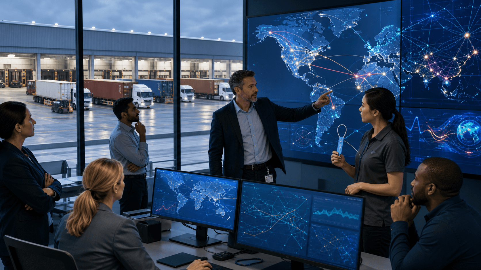 Blue digital map with connected logistics routes, cargo icons, and glowing cybersecurity shield overlay