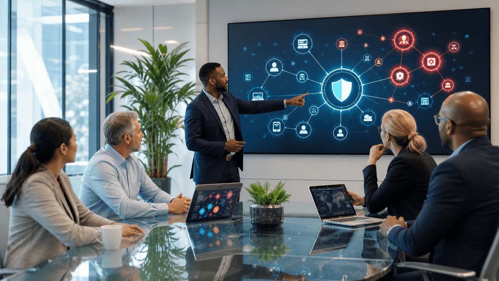 Blue digital interface with a glowing shield, network lines, and executive silhouettes in a dark office.