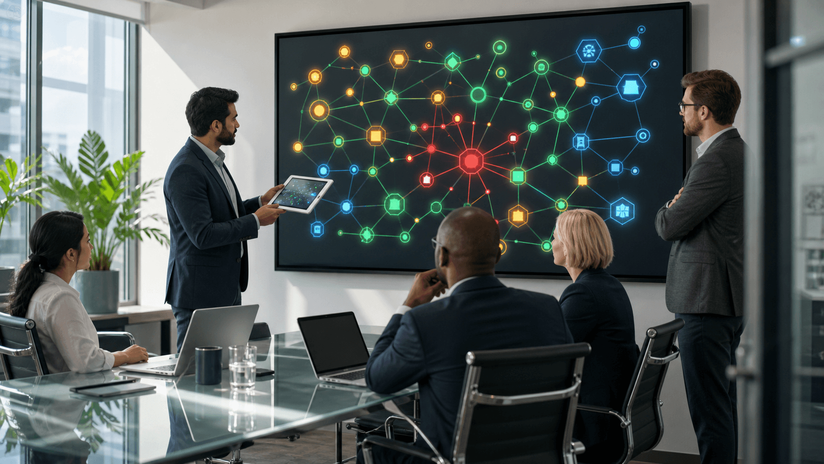 Blue-toned cybersecurity dashboard with a glowing shield icon, network lines, and data charts on a dark background.