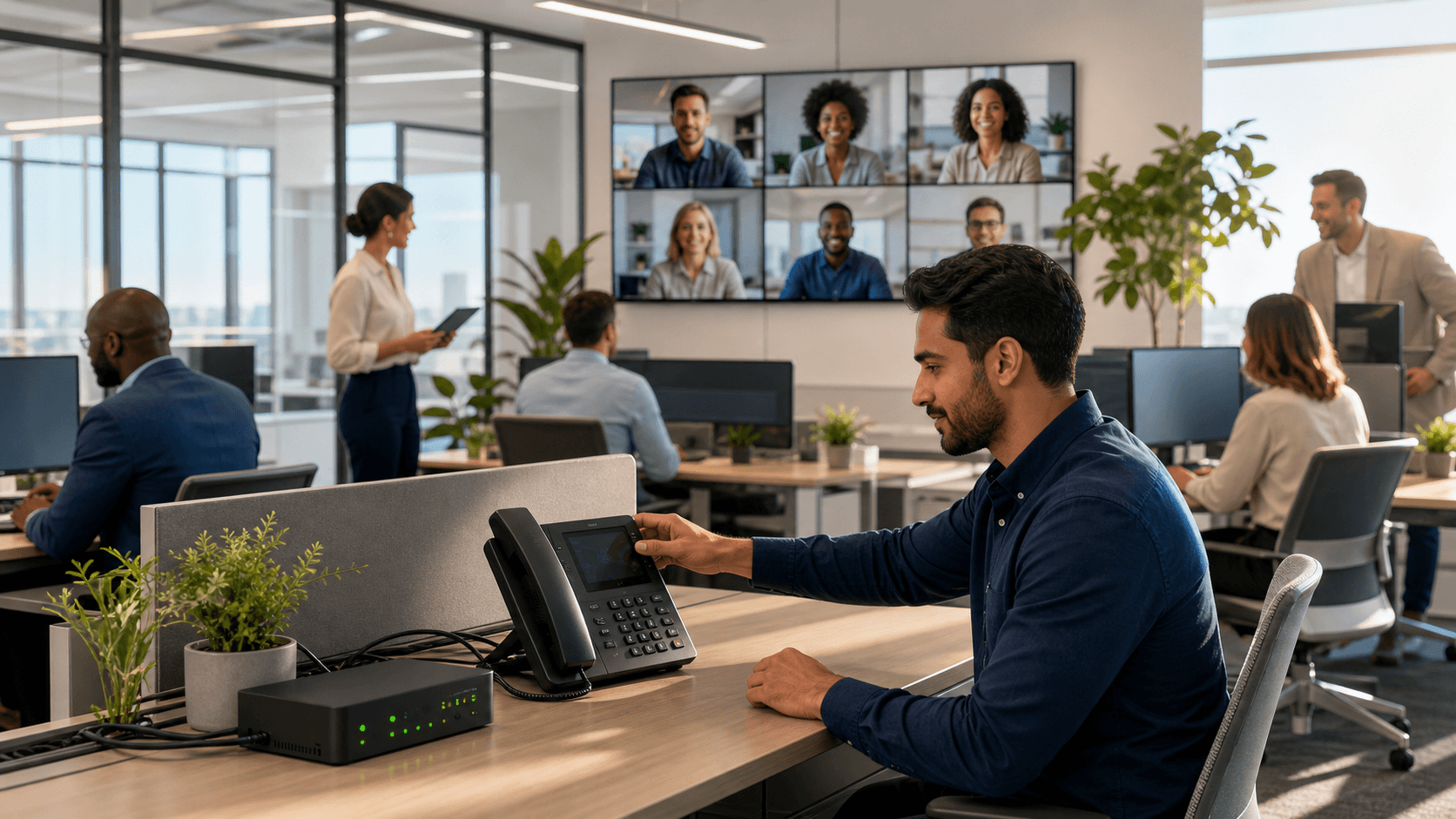 Blue-toned digital workspace with a glowing shield, network lines, laptop, and lock icons against a dark background.
