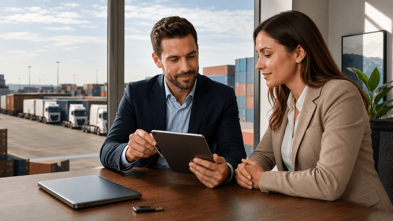Freight broker reviews a shield icon on a laptop beside cargo containers in a blue-toned office.
