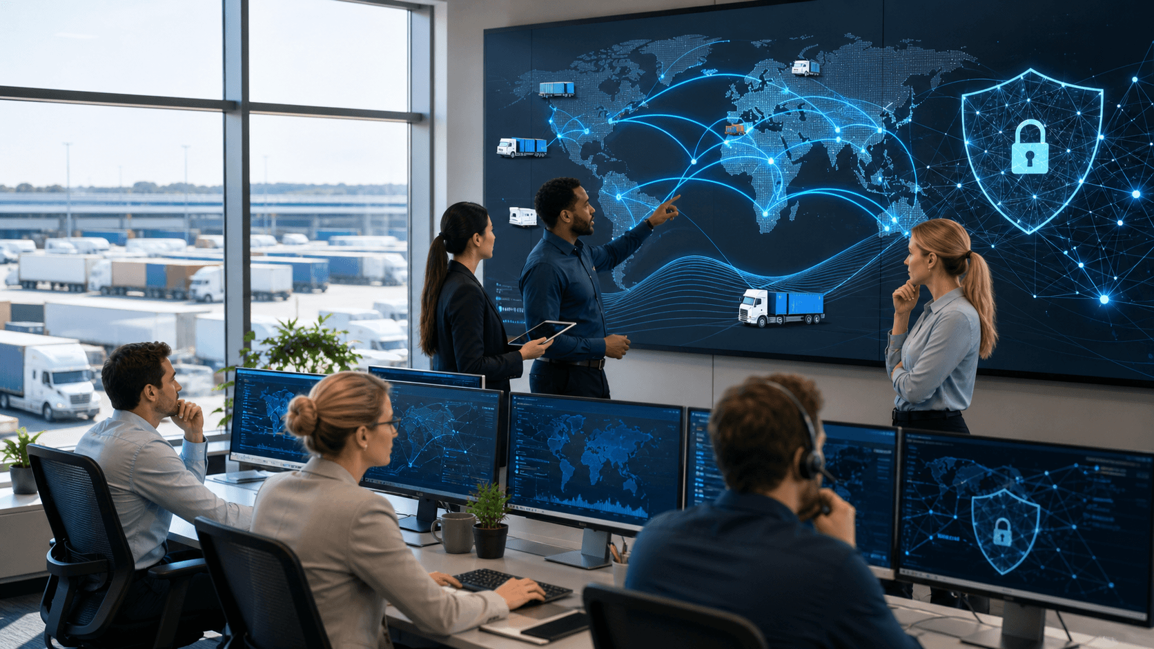 Blue digital freight network map with glowing truck icons, data streams, and cybersecurity shield symbols.