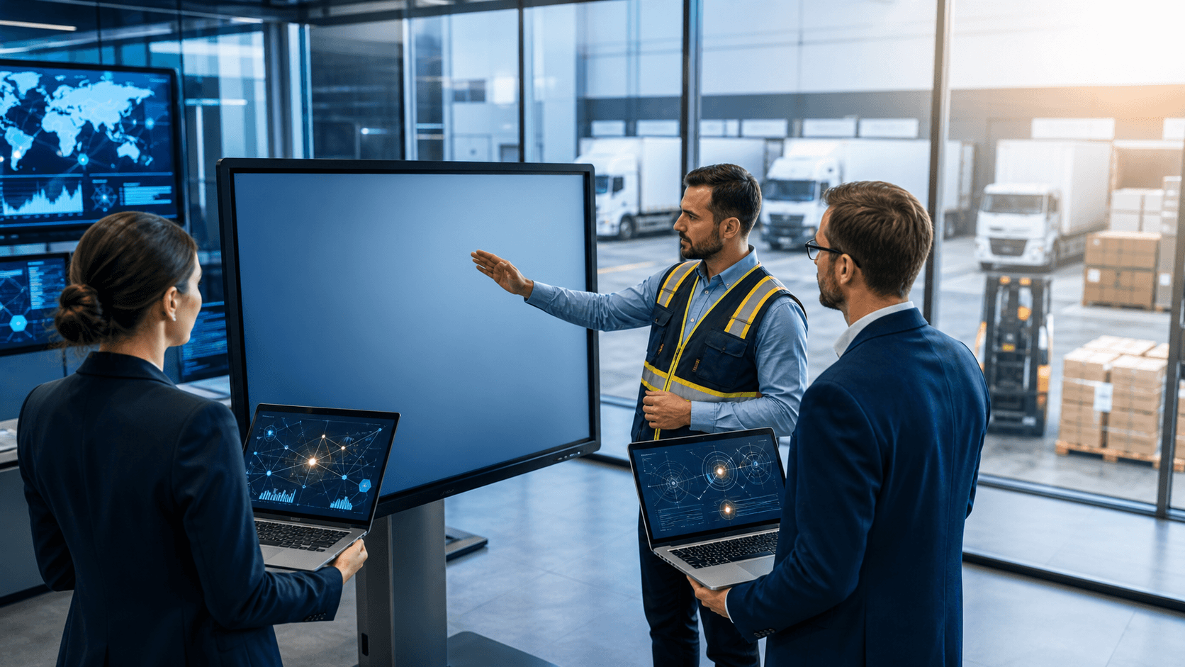 Blue-lit logistics control room with digital network overlays, cargo containers, and cybersecurity shield icons.