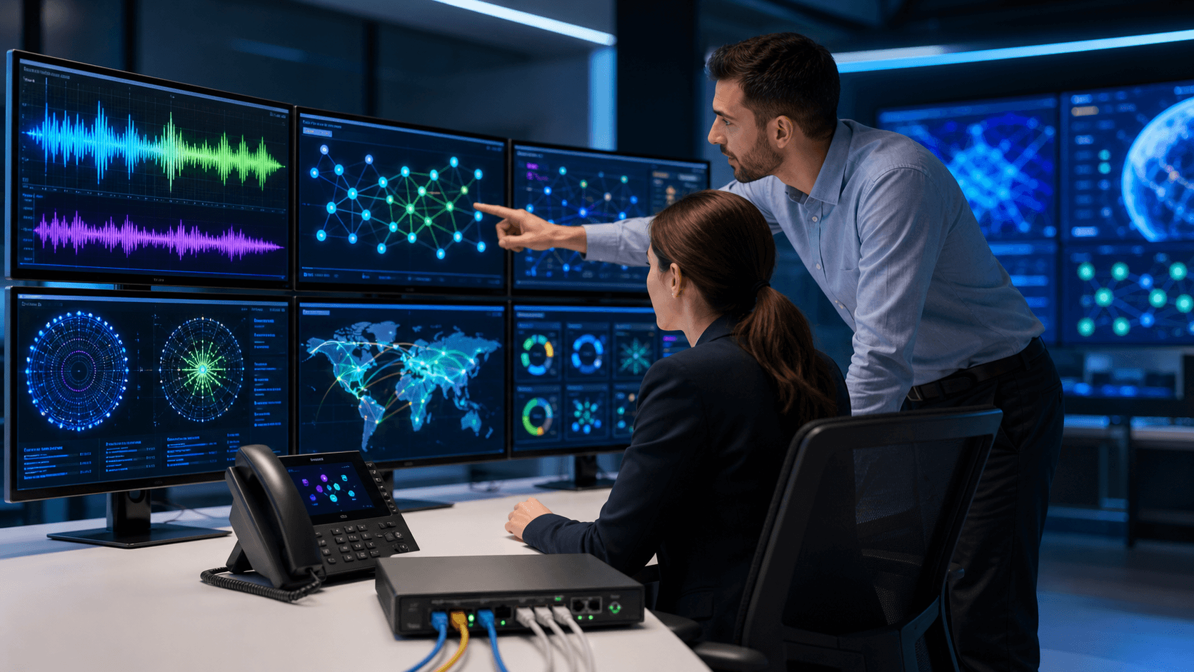 Blue-lit cybersecurity dashboard with call graphs, server racks, and glowing network lines on a dark background.