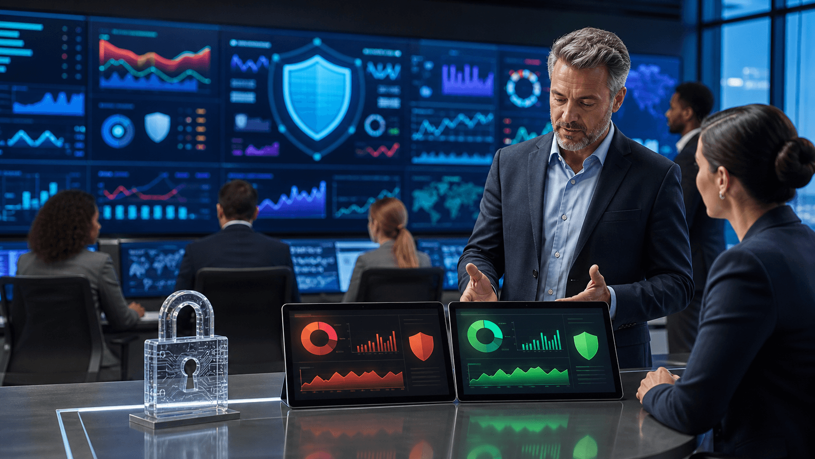 Blue-toned digital dashboard with glowing shield icon, network lines, and cybersecurity data charts.