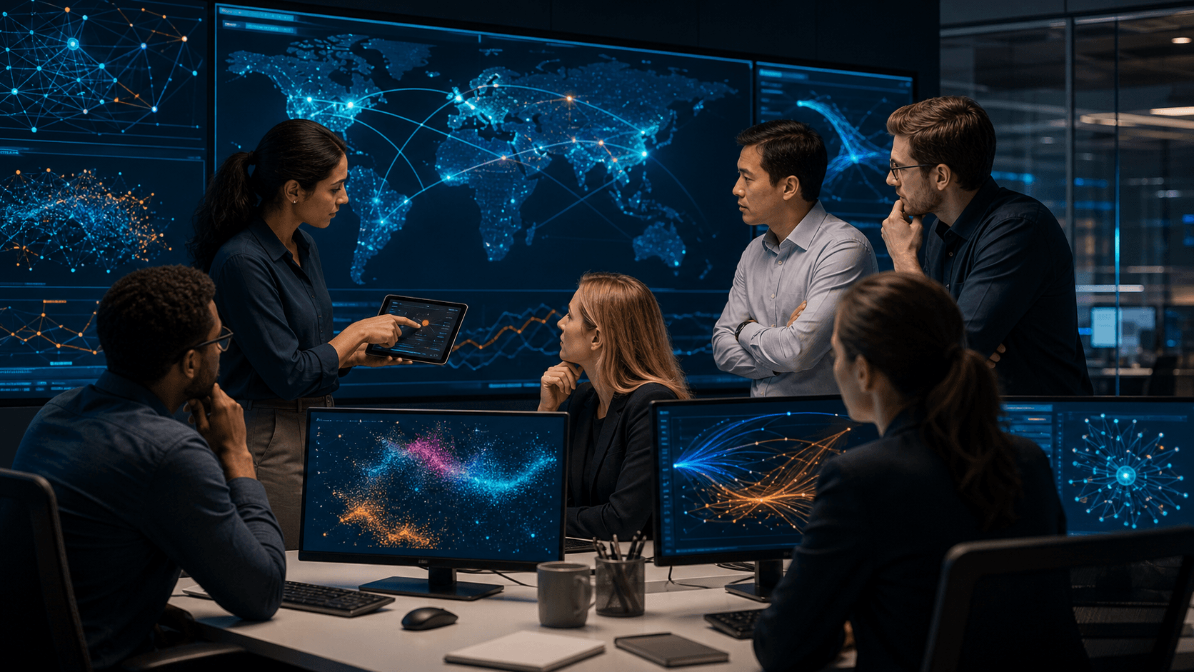 Dark cybersecurity dashboard with red warning icons, network lines, and a shadowed analyst at multiple monitors