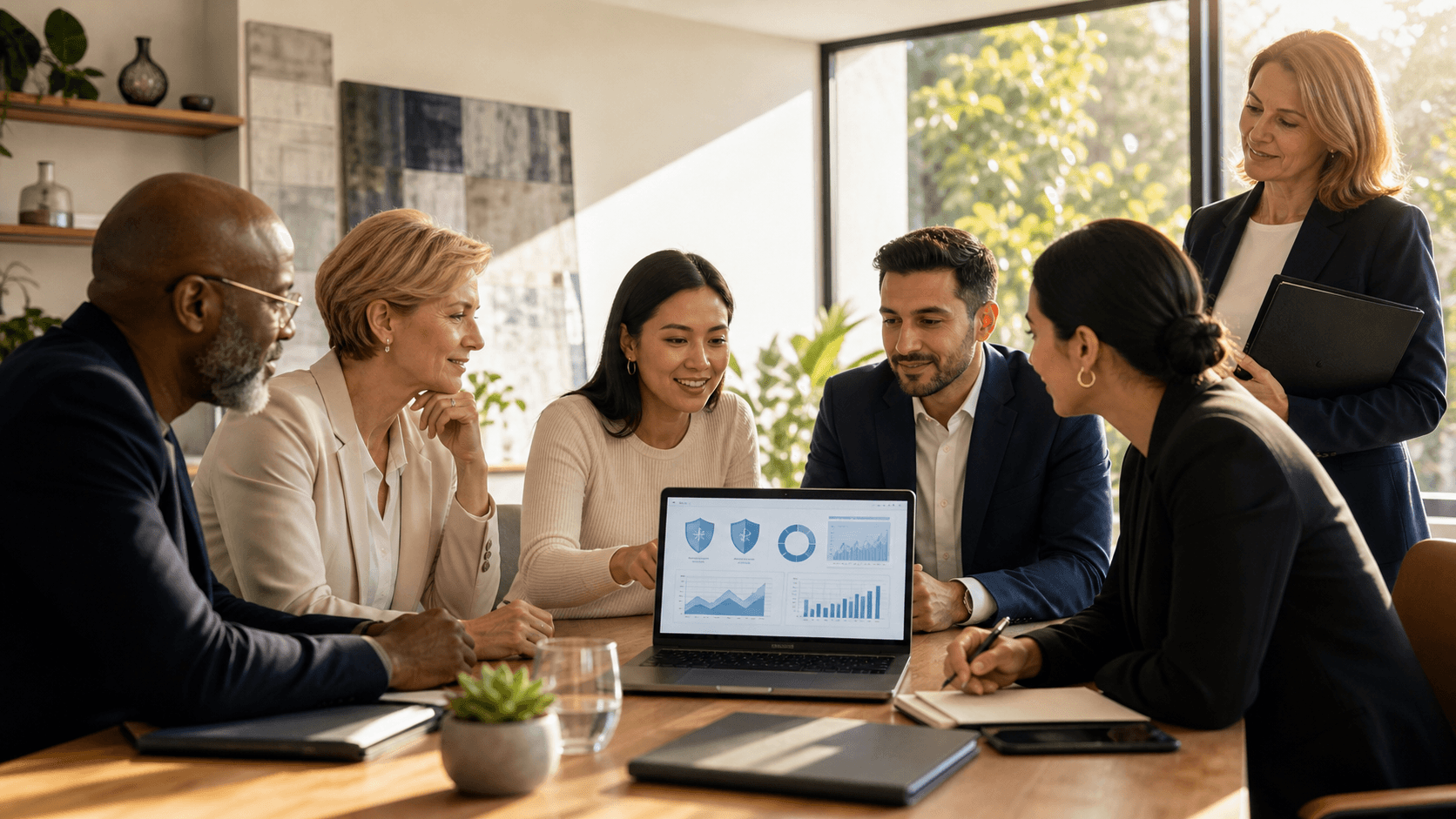 Blue-toned illustration of a nonprofit team reviewing cybersecurity dashboards under a glowing digital shield.