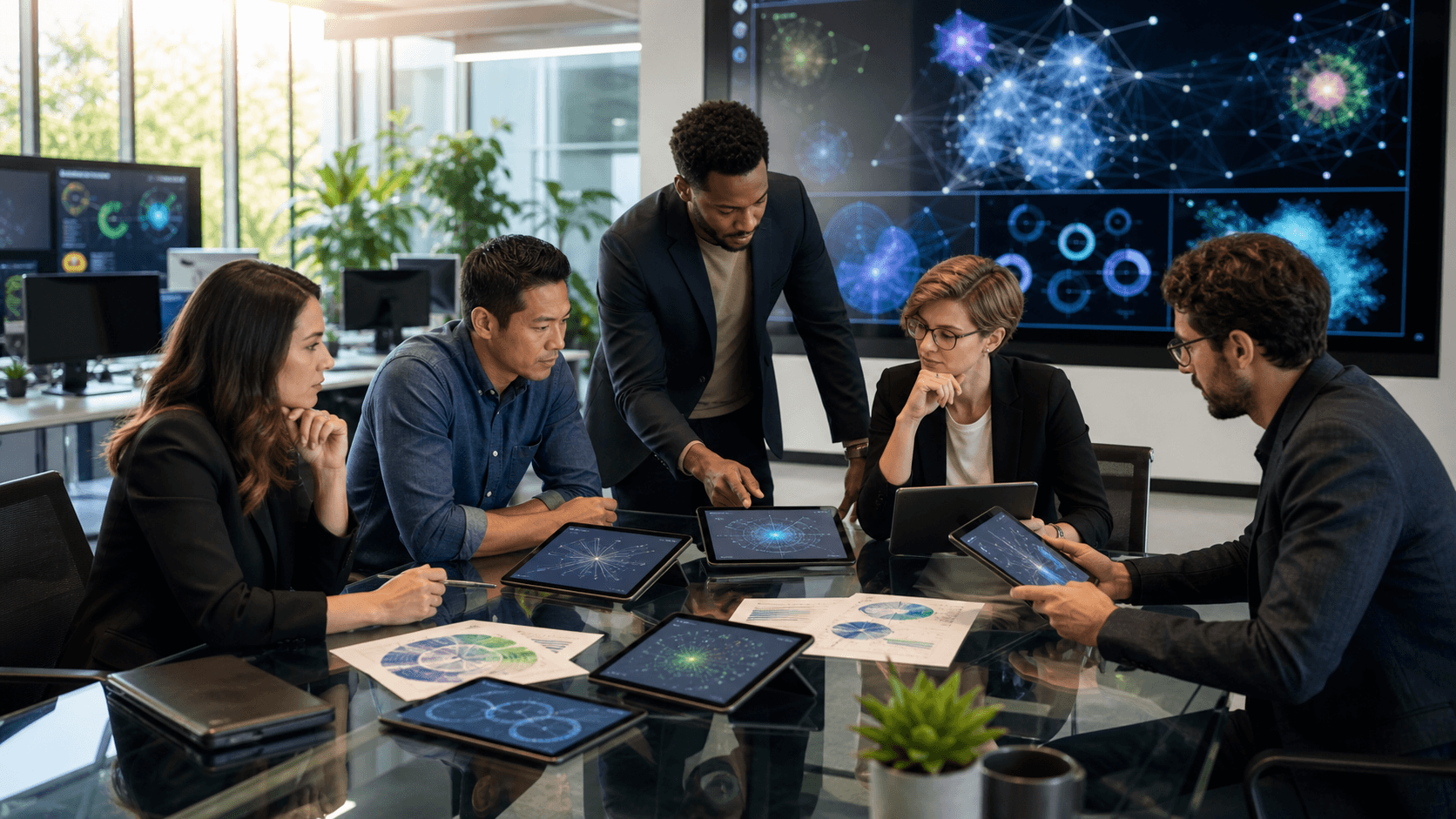 Blue-toned cybersecurity dashboard with glowing data streams, shield icons, and a central network operations interface