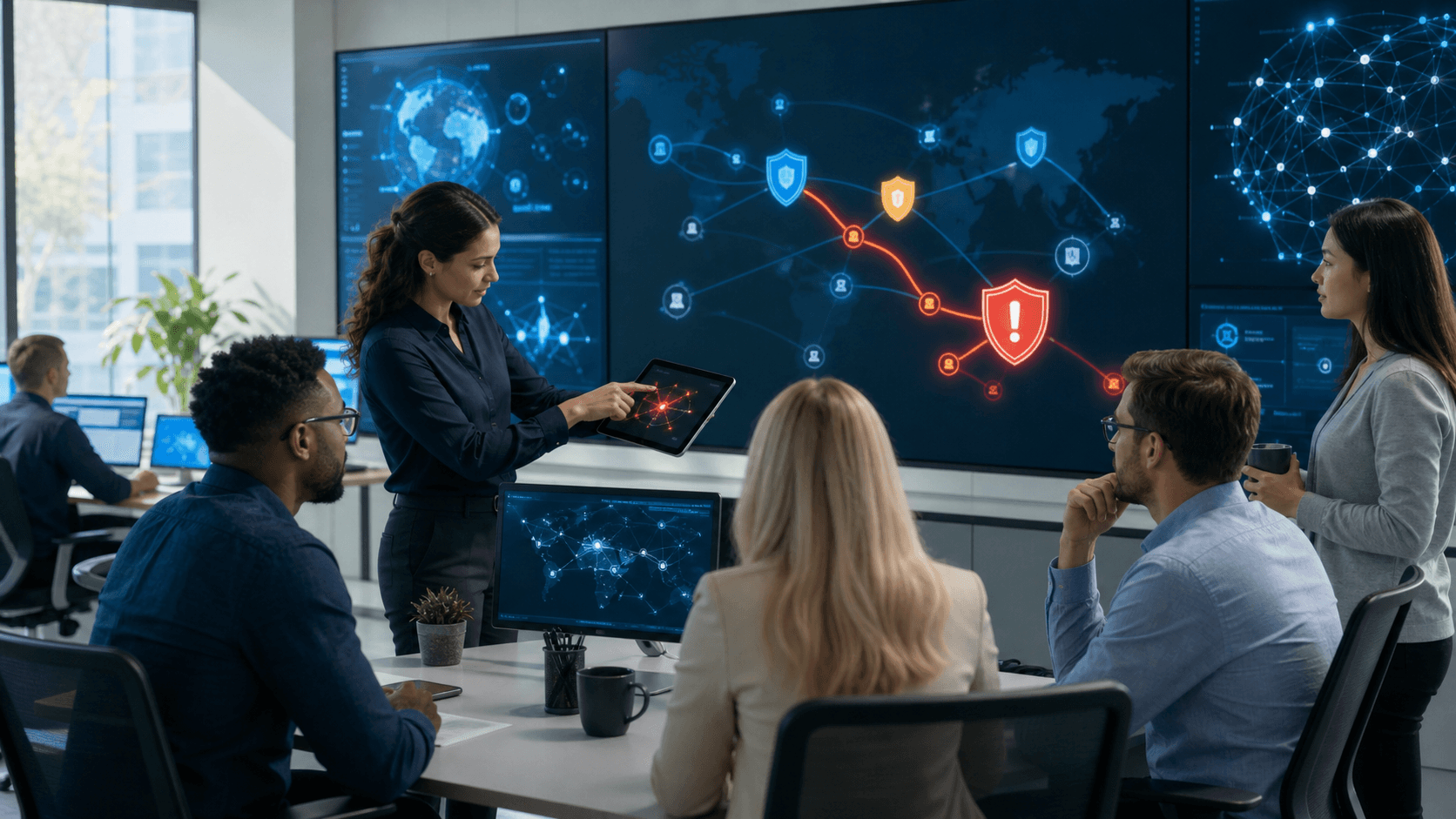 Glowing red risk alerts surround a laptop with cybersecurity code on a dark blue digital background.