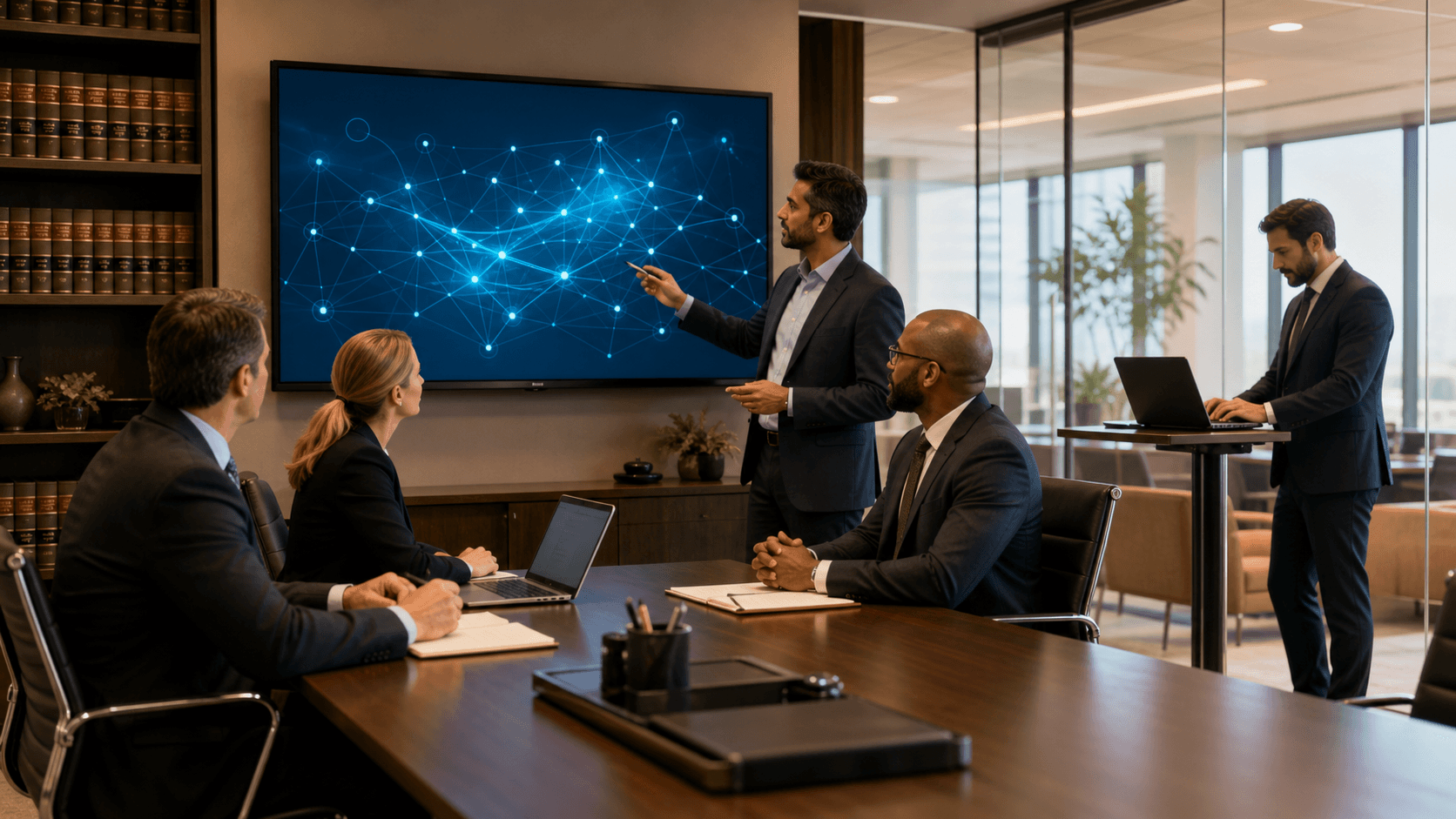Split-screen graphic of a law office and glowing cybersecurity shield icons in blue and gold tones.