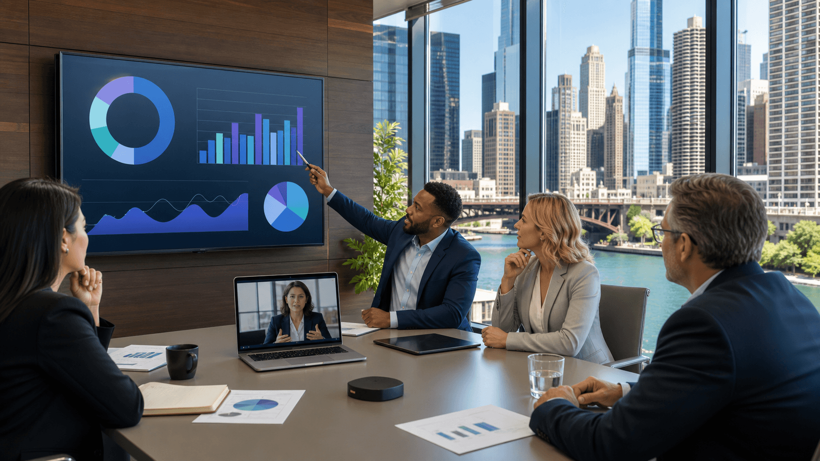 Split-screen Chicago skyline with blue digital security graphics and a business cost comparison chart.