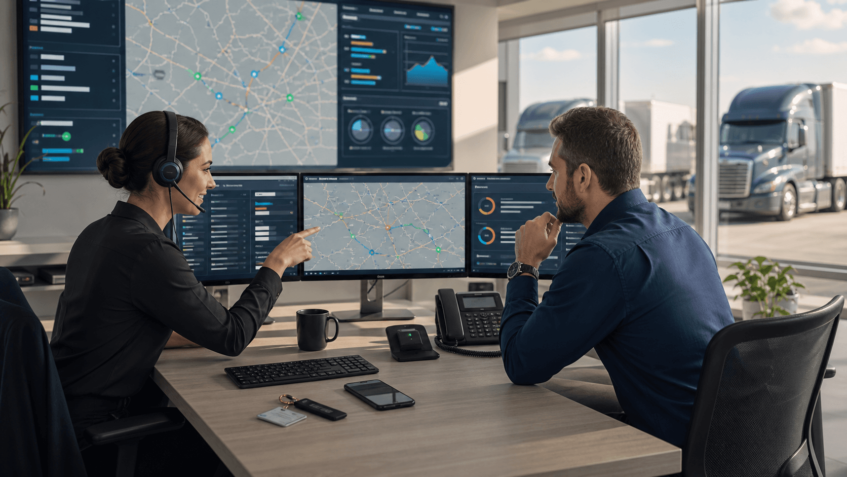 Dispatcher monitors truck routes on glowing screens beside a blue semi-truck under digital security icons.