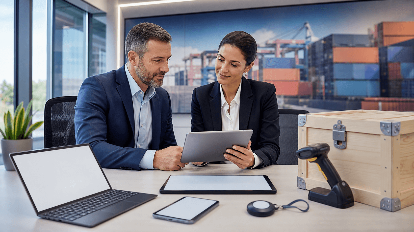 Freight broker reviews a digital security checklist beside a cargo truck in a blue-toned office.