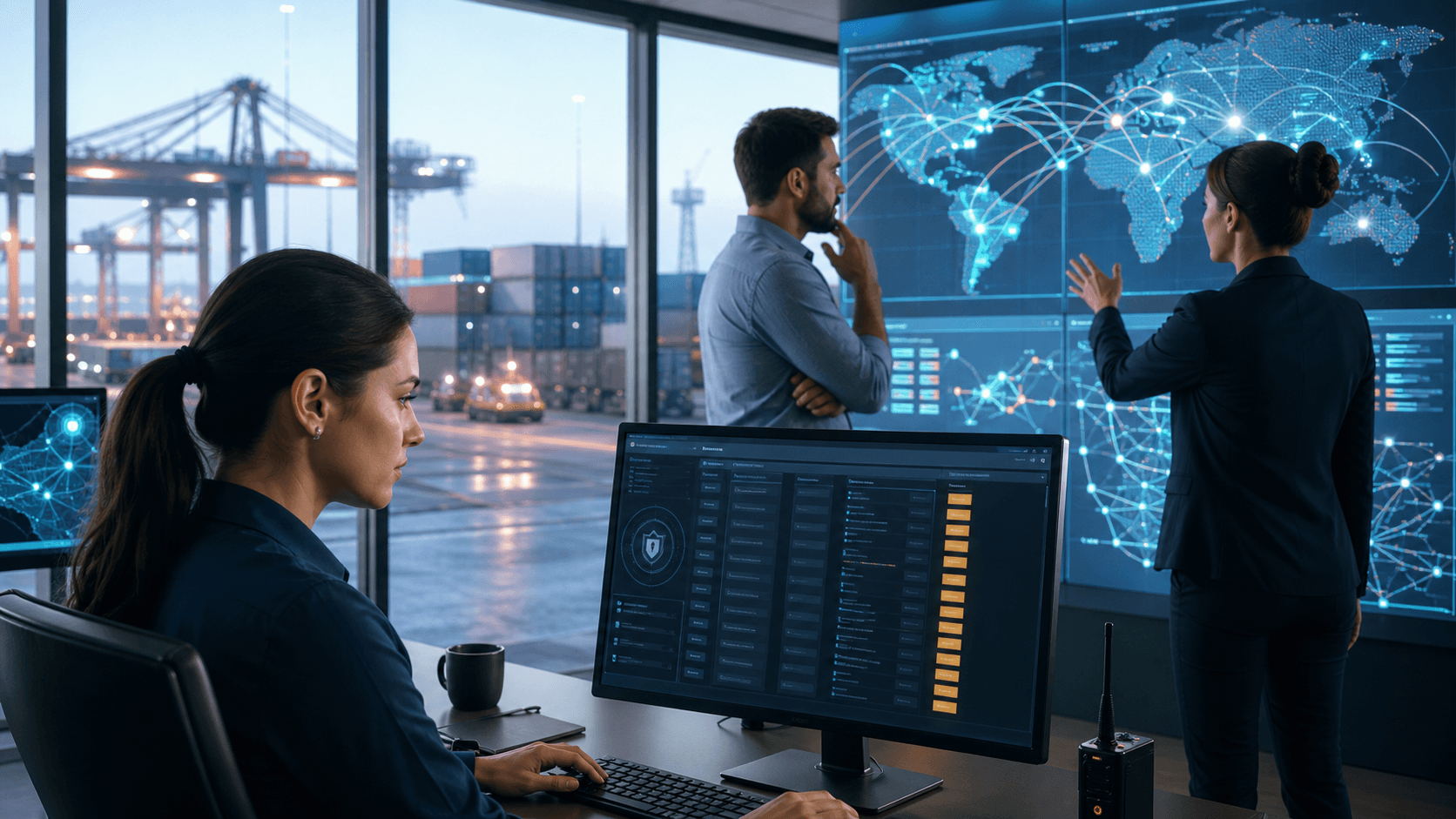 Glowing API token icons hover over a dark logistics dashboard with cargo containers and network lines.