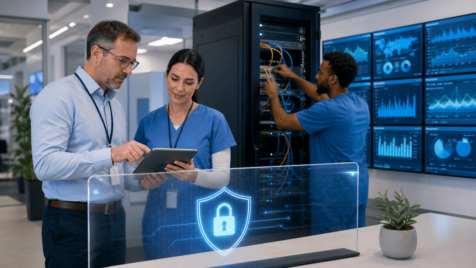 Blue-toned hospital hallway with a glowing padlock overlay on a computer screen, dramatic lighting and shadows.