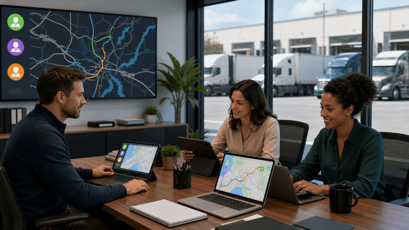 Dispatcher at a laptop reviewing freight platform dashboards, with trucks and glowing route maps in the background.