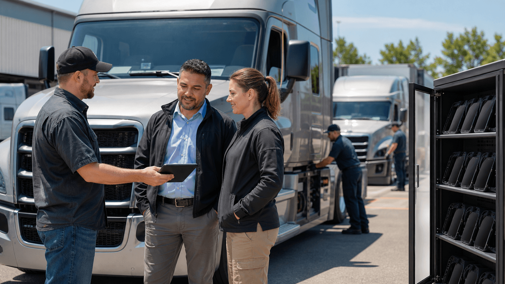A truck driver holds a tablet beside a semi truck in a sunlit logistics yard.